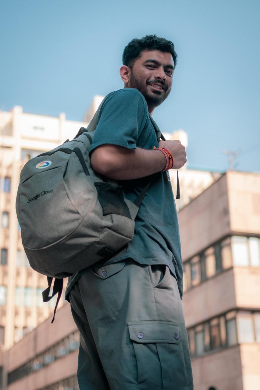 Saharsh on the IIT Delhi campus with his backpack